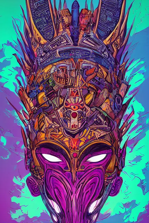 Image similar to totem animal tribal chaman vodoo mask feather gemstone plant video game illustration vivid color borderlands by josan gonzales and dan mumford radiating a glowing aura