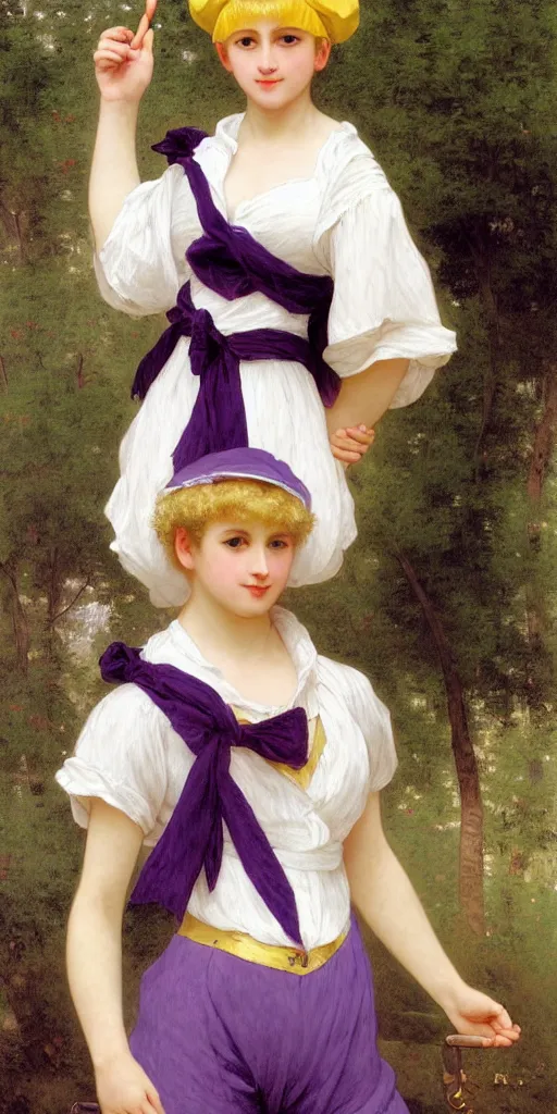 Image similar to A full body image of a cute magical girl with short blond hair wearing an oversized purple Beret, Baggy Purple overall shorts, Short Puffy pants made of silk, pointy jester shoes, a big billowy scarf, Golden Ribbon, and white leggings Covered in stars. Short Hair. Sunlit. Haute Couture. Art by william-adolphe bouguereau and Paul Delaroche and Alexandre Cabanel and Lawrence Alma-Tadema and Johannes Helgeson and WLOP. Smooth. Elegant. Highly Detailed. Intricate. Surrounded by clouds. 4K. UHD. Denoise.