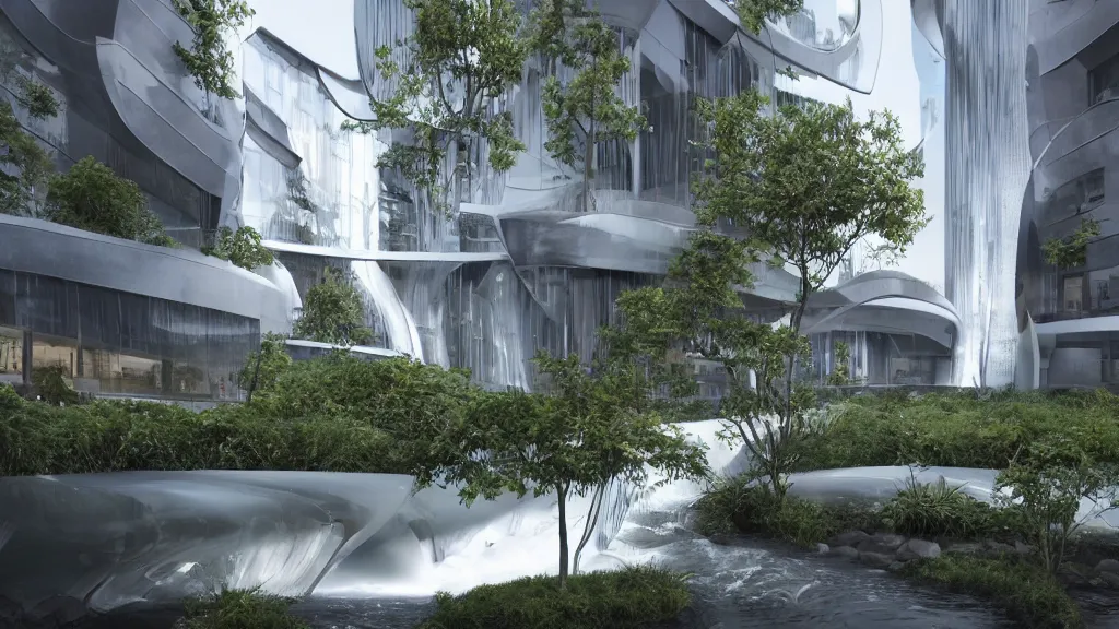 Prompt: overall architectural design, a small waterfall between two glassy residentials, cinematic lighting, high details, realistic, manimalist, style of zaha hadid