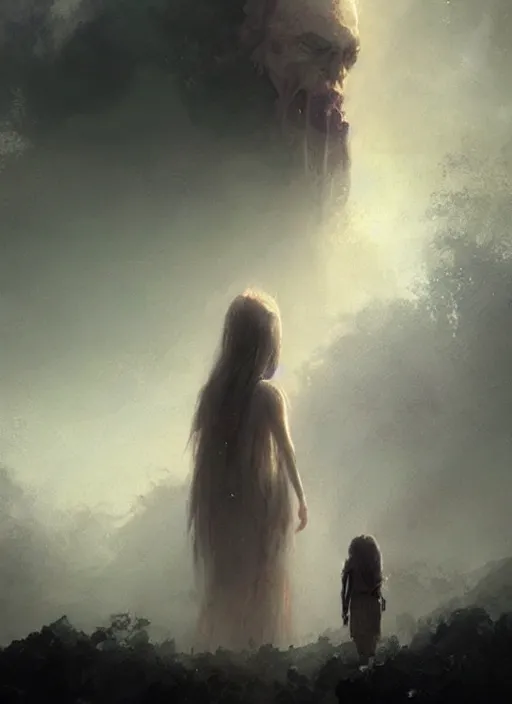 Image similar to a beautiful terrifying pale humanoid giant looms over a tiny human. ethereal fantasy art by greg rutkowski