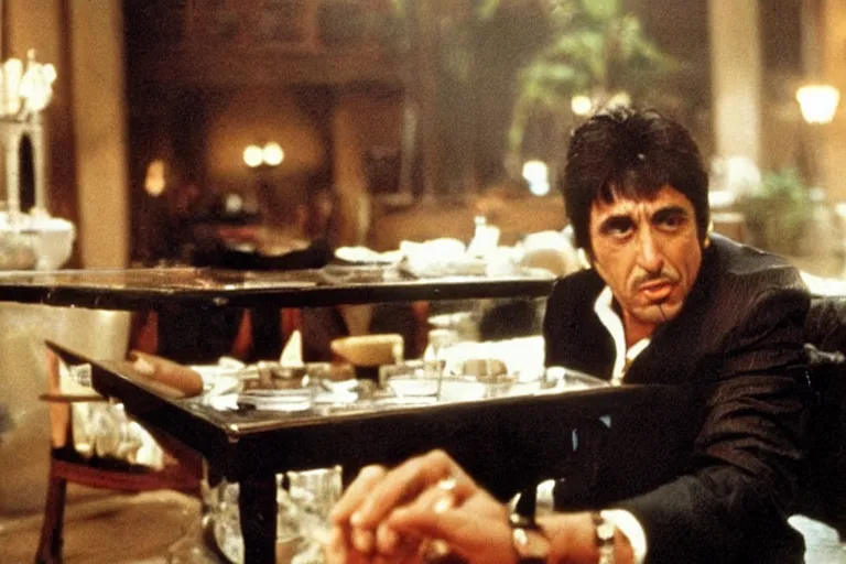 Image similar to tony montana from movie scarface 1 9 8 3 sitting behind a big black oak table with big large packages of flour. long shot. al pacino. perfect symmetric face, coherent eyes, fine details, 4 k, ron cobb. last scene from scarface movie