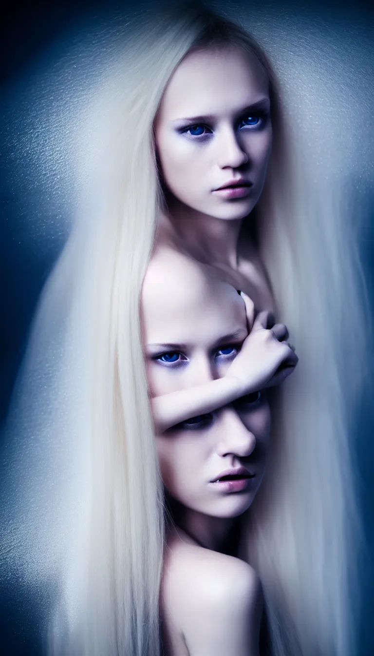 Image similar to photo portrait of a young woman with long blond hair dressed in long white, fine art photography light painting in style of Paolo Roversi, professional studio lighting, dark background, hyper realistic photography, fashion magazine style