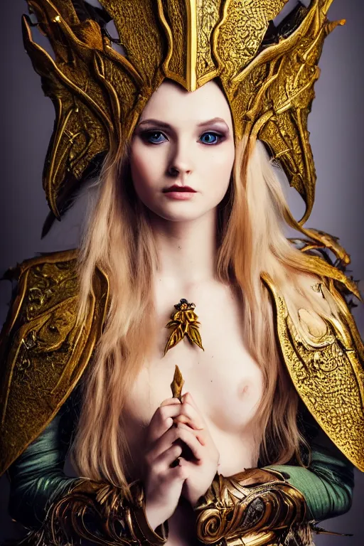 Image similar to very beautiful elven top model, golden hair, wearing gucci gothic victorian armor with leaves and flowers, luxury materials, symmetrical, cinematic, elegant, professional studio light, real dlsr photography, sharp focus, 4 k, ultra hd, sense of awe, high fashion