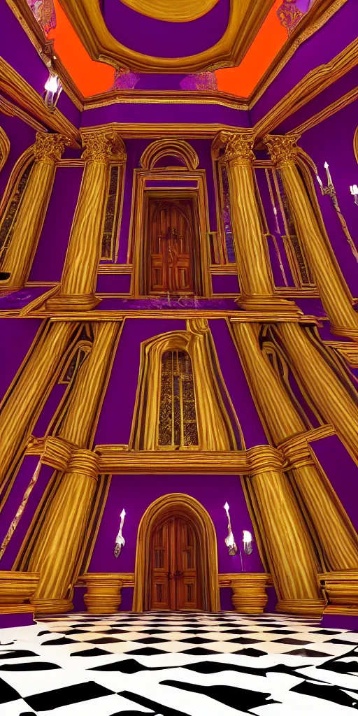 Prompt: lavish interior of magical castle interior with marble checkerboard floors and marble pillars, deep purple and orange, rendering, digital artwork, ray tracing