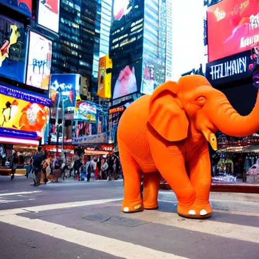 Image similar to an orange elephant on a skateboard in times square at night