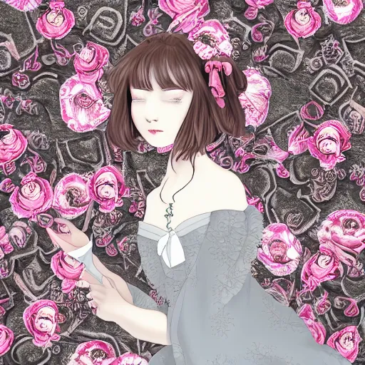 Prompt: renaissance, realistic, portrait of a creepy young lady pink cheeks wearing renaissance manga dress pale grey and white flowers skulls, background chaotic flowers