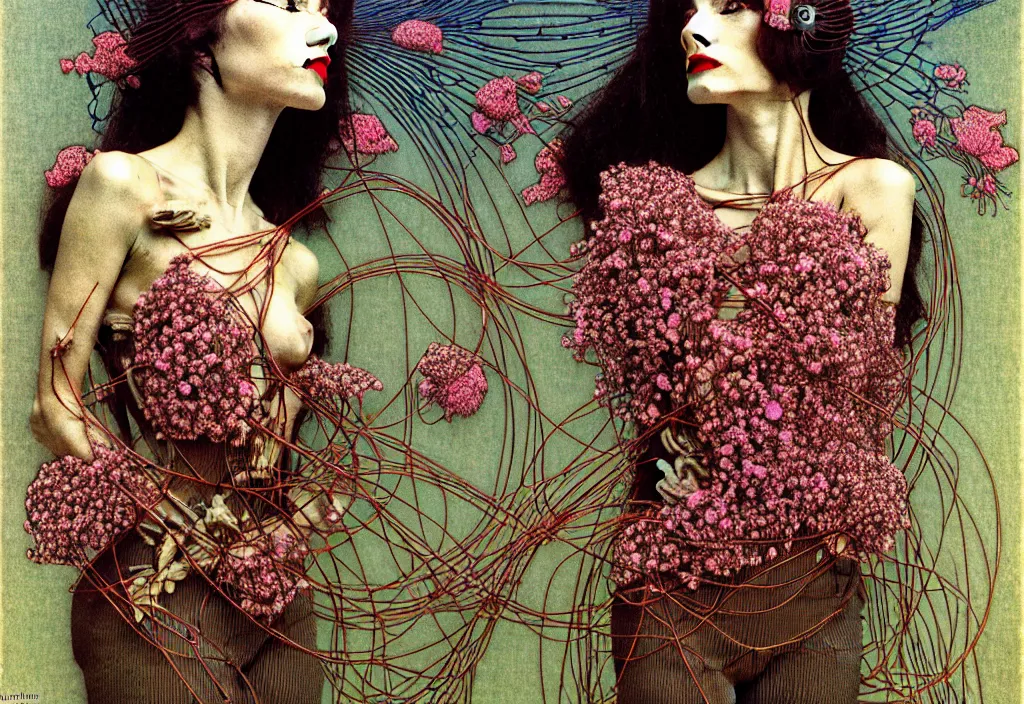 Prompt: cyberpunk fashion model wrapped in flowers and wired, smooth shading, ultra detailed high resolution, vintage style, moebius, jean delville, max ernst, maria sybilla merian, alfred kubin, classicism mixed with hyperrealism