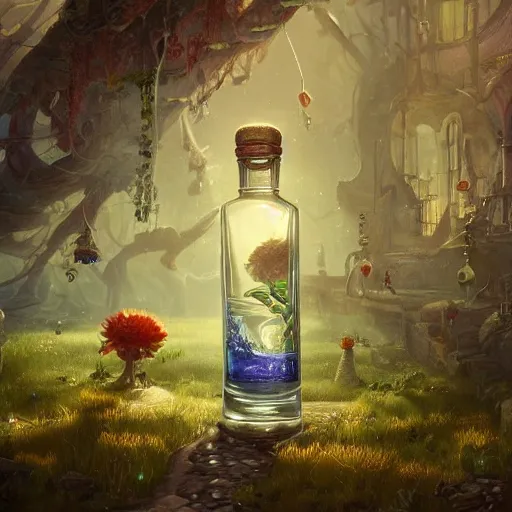 Prompt: A bottle of Gin, filled with tiny creatures, garden, summer, 8k resolution matte fantasy painting, cinematic lighting, DeviantArt, Artstation, Jason Felix Steve Argyle Tyler Jacobson Peter Mohrbacher