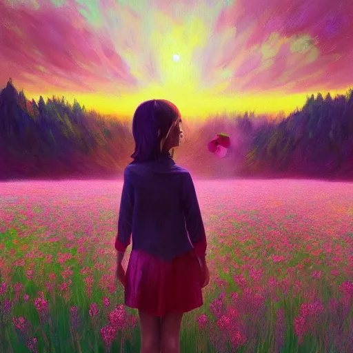 Image similar to girl with a flower face, surreal photography, dream, standing in flower field, magical, in a valley, sunrise dramatic light, impressionist painting, colorful clouds, artstation, simon stalenhag, flower face