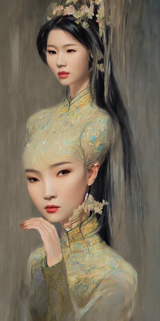 Prompt: yanjun cheng portrait of a beautiful vietnamese woman wearing vietnamese ao dai, intricate, detailed, symmetric face, by wlop and karol bak