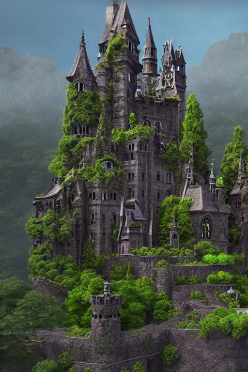 Prompt: matte painting photo of witch academy castle with many bonsai trees on the right with small waterfall, highly detailed garden in the middle, many stone statues, gothic building style, highly detailed, 4k, 8k resolution, trending on artstation, octane render.