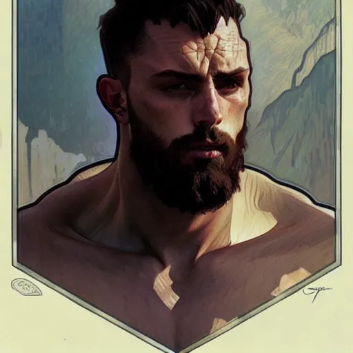 Image similar to portrait of depressed gigachad, male, muscular, handsome D&D, concept art, art by Greg Rutkowski and Alphonse Mucha