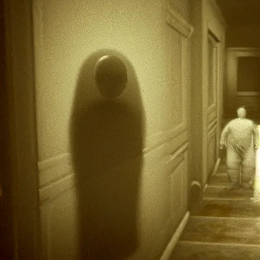 Image similar to humanoid ghost with an unnatural smile in re 7, it has huge eyes and is staring at the camera from the end of a dark hallway. caught on vhs, film grain,