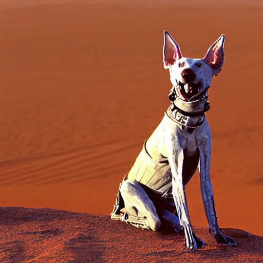 Image similar to xoloitzcuintli dog in the atacama desert at dusk, hungry and drooling, cracking bones, futuristic, by moebius