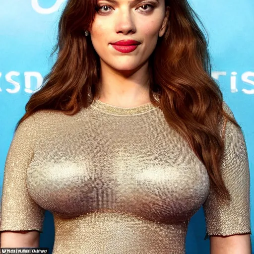 Image similar to a woman who is a genetic combination of kim kardashian and kat dennings and scarlett johansson and margot robbie and emma watson face and upper - body focus