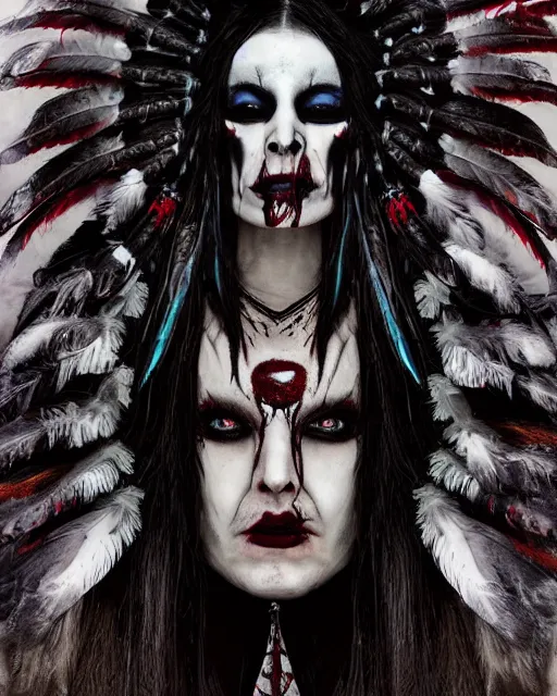 Image similar to lady native sisters ghost - spirit of the grim - warpaint wears the scarlet skull armor and native blood headdress feathers, midnight fog - mist!, dark oil painting colors, realism, cinematic lighting, various refining methods, micro macro autofocus, ultra definition, award winning photo, photograph by ghostwave - gammell - giger - shadowlord