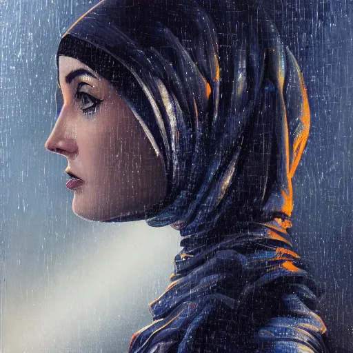 Image similar to detailed face of an arabic woman, clockwork, moment, tectonic sky, skydome, bullet train, turbines, utopian, tech noir, wet reflections, prism, atmospheric, ambient, pj crook, syd mead, livia prima, artgerm, greg rutkowski, nick alm, casey baugh