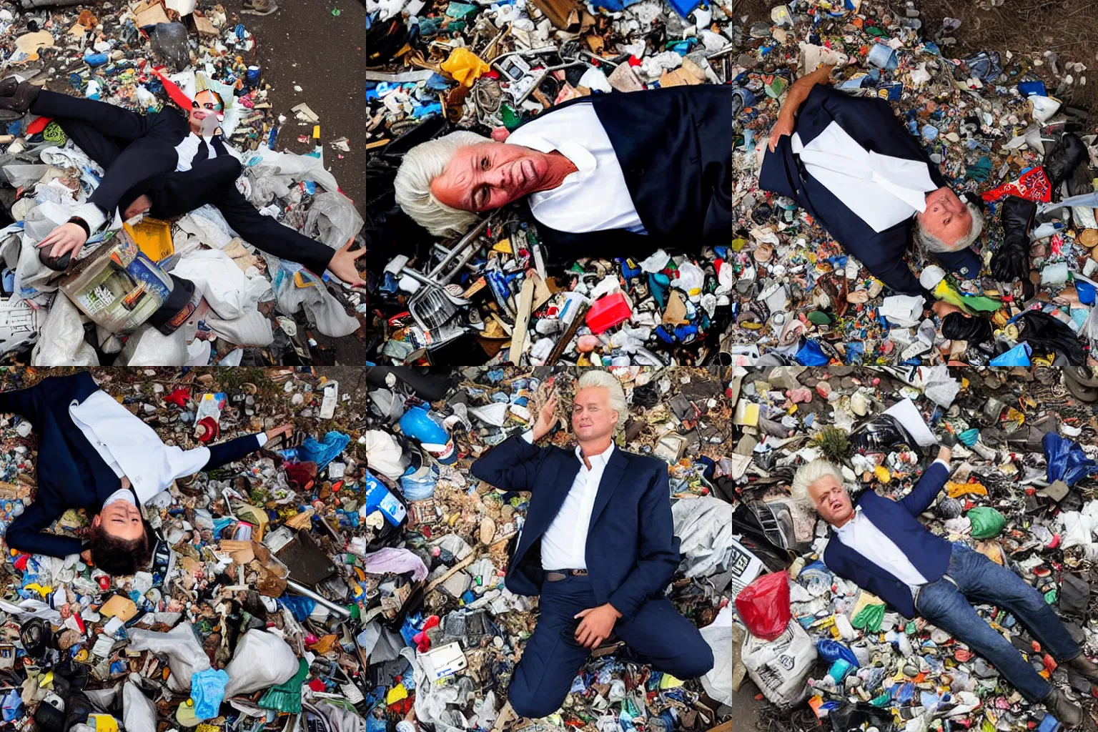 Prompt: overhead shot Geert Wilders laying in a pile of trash