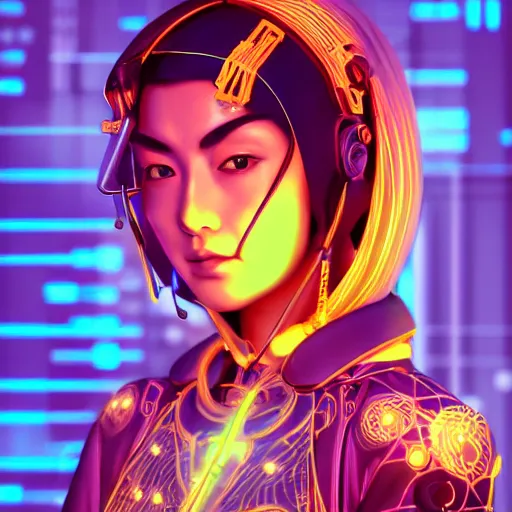 Image similar to centered symmetrical portrait of a persian cyberpunk cyborg japanese girl in kimono with glowing cybernetics, hyperdetailed, digital painting, trending on Artstation, cel-shading style, CG society, hyperdetailed, digital painting, hypermaximalist, golden ratio, volumetric, octane render, weta digital, micro details, 3d sculpture