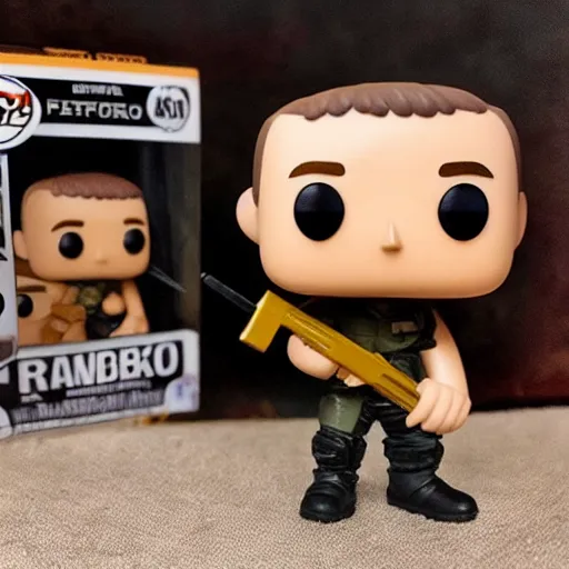 Image similar to a Funko Pop collectible of Rambo. headband. holding in one handautomatic rifle