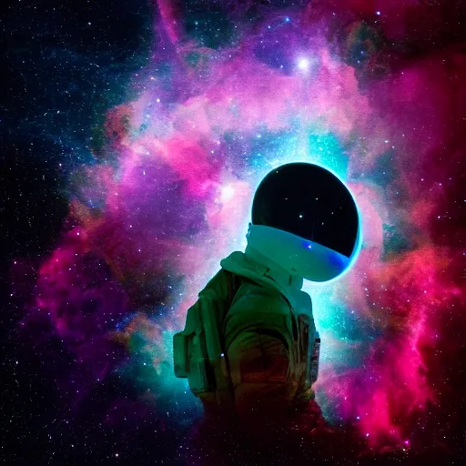 Image similar to modern double exposure monochrome spacesuit over a brilliant iridescent nebula. orange, pink, purple color ombre.