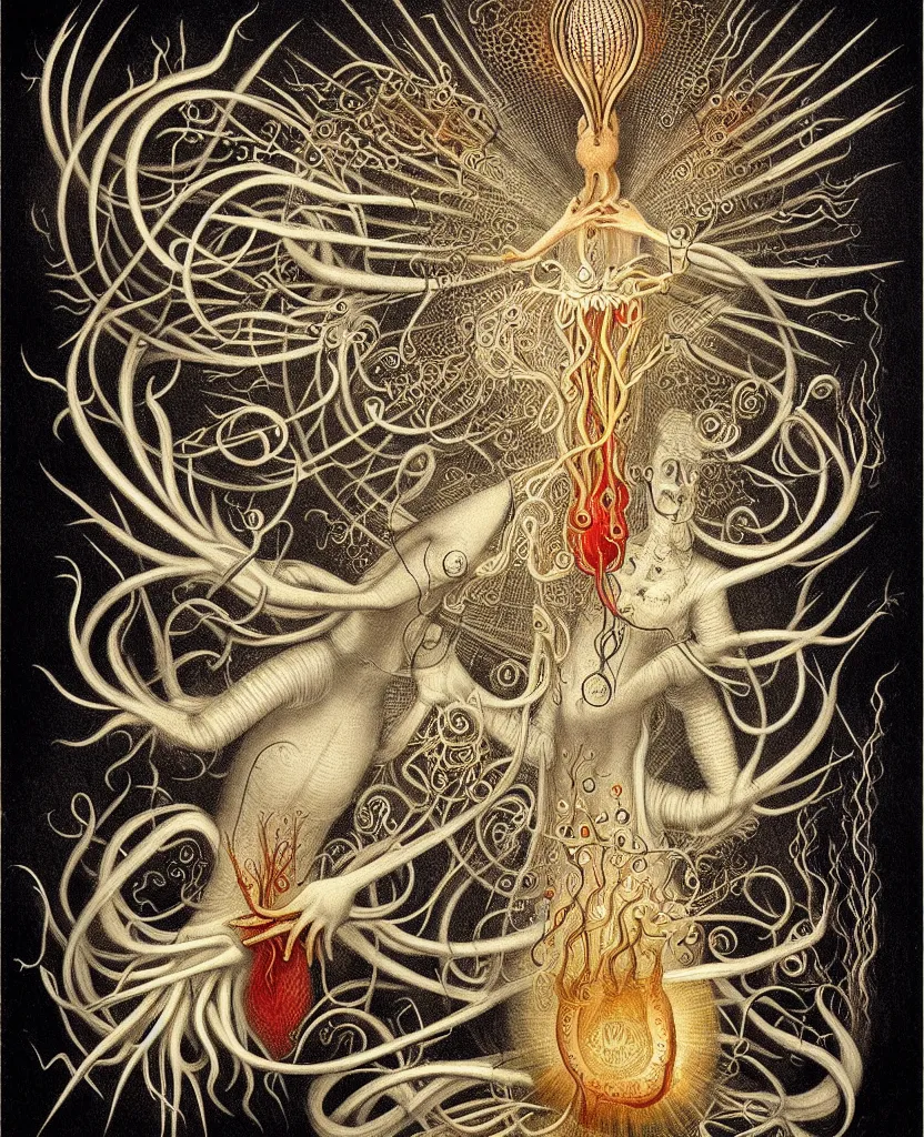 Image similar to whimsical freaky creature sings a unique canto about'as above so below'being ignited by the spirit of haeckel and robert fludd, breakthrough is iminent, glory be to the magic within, painted by ronny khalil