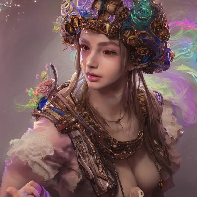 Prompt: studio portrait of neutral good rainbow colorful female cleric bard healer as absurdly beautiful, elegant, realistic young gravure idol looking up, an ultrafine hyperdetailed illustration by kim jung gi, irakli nadar, intricate linework, detailed faces, super sharp focus, bright colors, octopath traveler, unreal engine 5 highly rendered, global illumination, radiant light