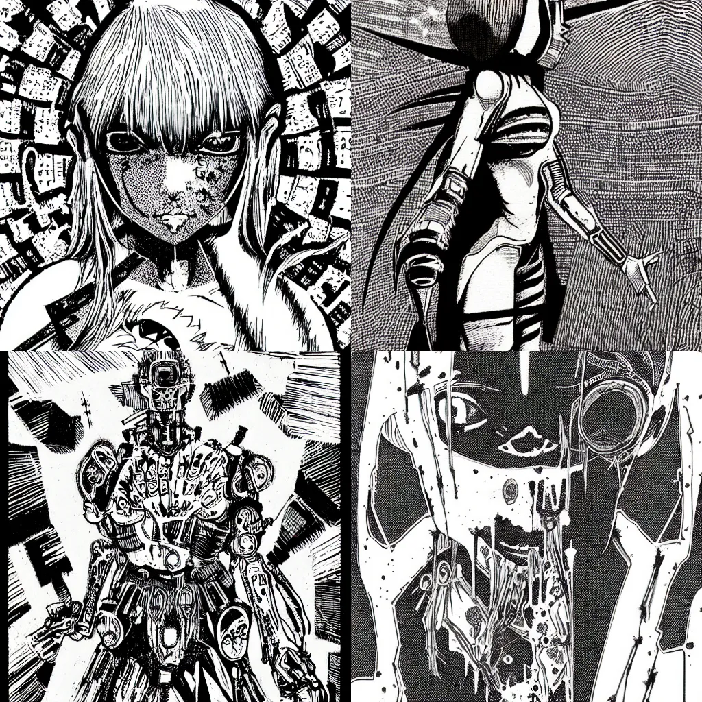 Prompt: cyborg warrior tryptophobic nightmare dystopia, black and white manga by junji iyo risograph illustration