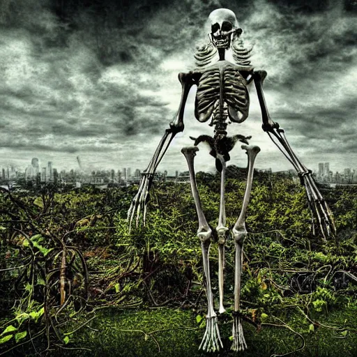 Image similar to a gigantic ethereal godlike skeletal being at the edge of a city, ancient, covered in overgrown leaves and vines and plants, hdr, digital art, dramatic composition