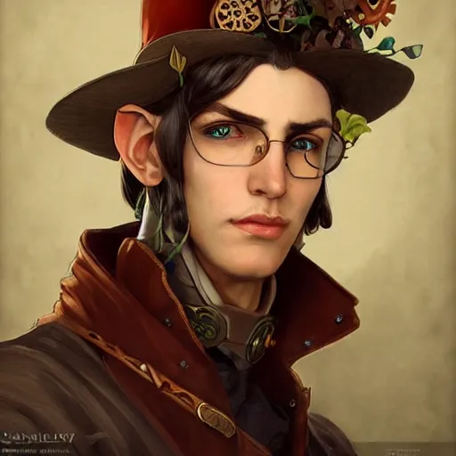 Image similar to Three quarters portrait of a elf gentleman steampunk, highly detailed, digital painting, art by Stanley Lau and Artgerm and magali villeneuve and Alphonse Mucha, artstation, octane render, cgsociety