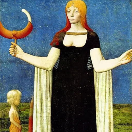 Image similar to half - length portrait of beautiful witch circe in the odyssey, art by piero della francesca, giotto, leonardo da vinci