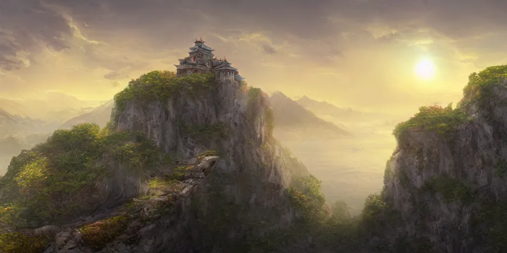 Prompt: a spiritual matte painting by feng zhu of a cliff side castle, dawn setting, HDR, unreal engine, god rays, ue5, concept art, wide angle, 4k hd wallpaper