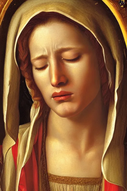 Prompt: hyperrealism portrait of crying virgin mary in golden crown, red tears, in style of classicism, hyper detailed