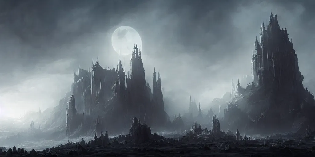 Image similar to black majestic fantasy fortress under a pale moon engulfed in arcane fog trails in the style of marcin rubinkowski, greg rutkowski, lorenzo lanfranconi, oleg zherebin, trending on artstation, ultra wide angle