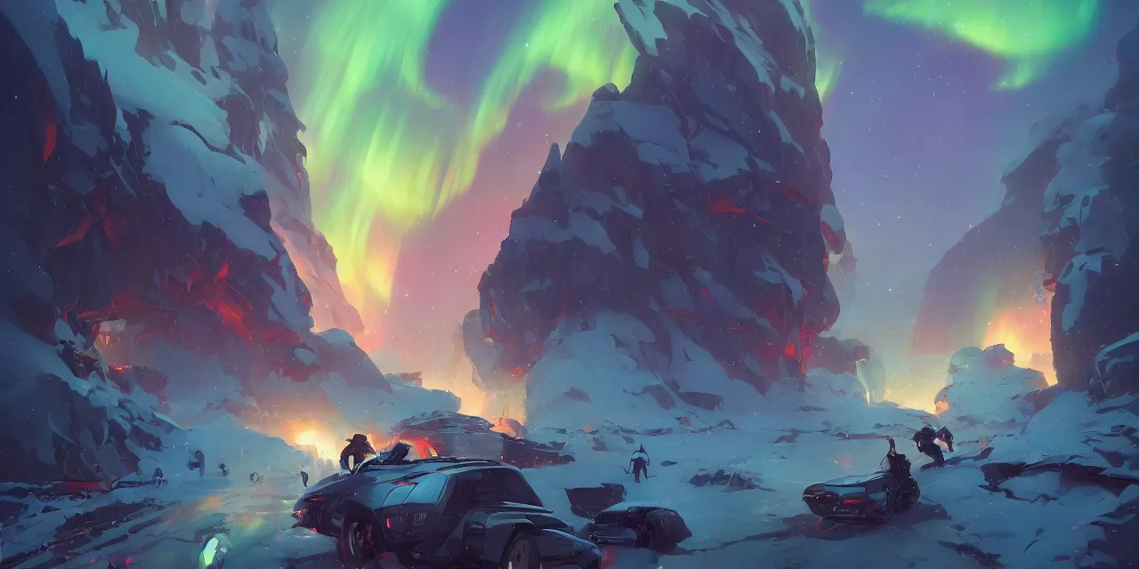 Image similar to epic nighttime showdown in blizzard, rainbow lights, aurora, behance hd artstation by jesper ejsing by rhads, makoto shinkai and lois van baarle, ilya kuvshinov, ossdraws