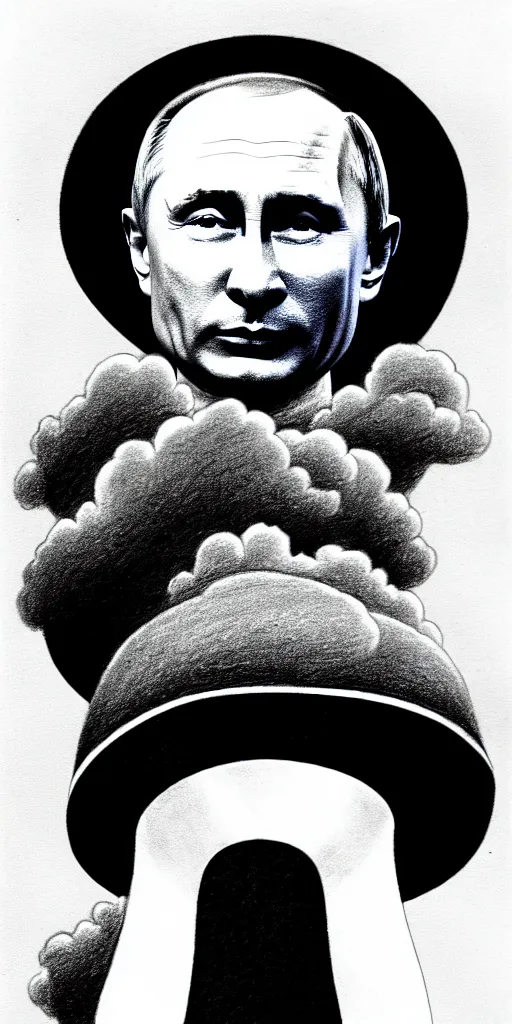 Image similar to vladimir putin with a nuclear mushroom cloud ushanka, cartoonish, ultra detailed pencil drawing