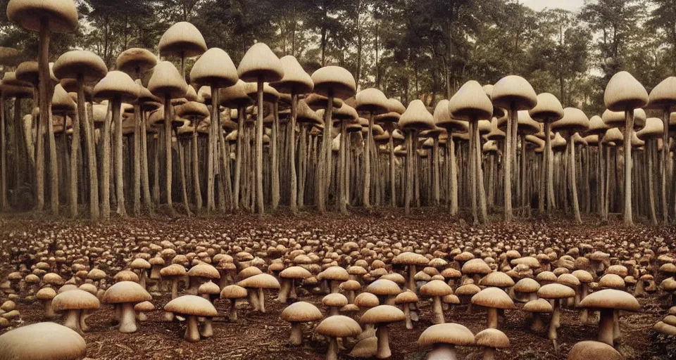 Image similar to A tribal village in a forest of giant mushrooms, by Gottfried Helnwein