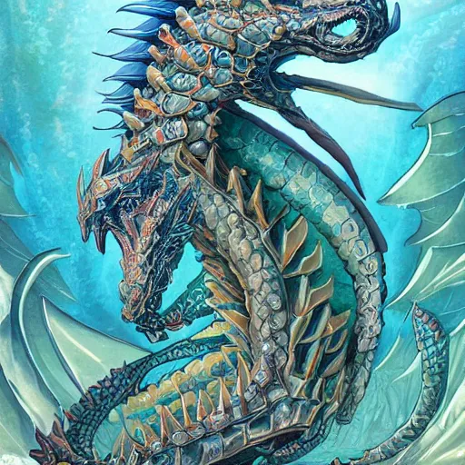 Prompt: underwater sea dragon full body, d & d style, trending on artstation, colorful, intricate, highly detailed art by ilse gort and yugin maffioli