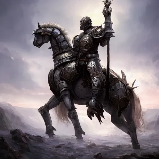 Image similar to a paladin in heavy armor riding an armored warhorse, artstation hall of fame gallery, editors choice, #1 digital painting of all time, most beautiful image ever created, emotionally evocative, greatest art ever made, lifetime achievement magnum opus masterpiece, the most amazing breathtaking image with the deepest message ever painted, a thing of beauty beyond imagination or words, 4k, highly detailed, cinematic lighting