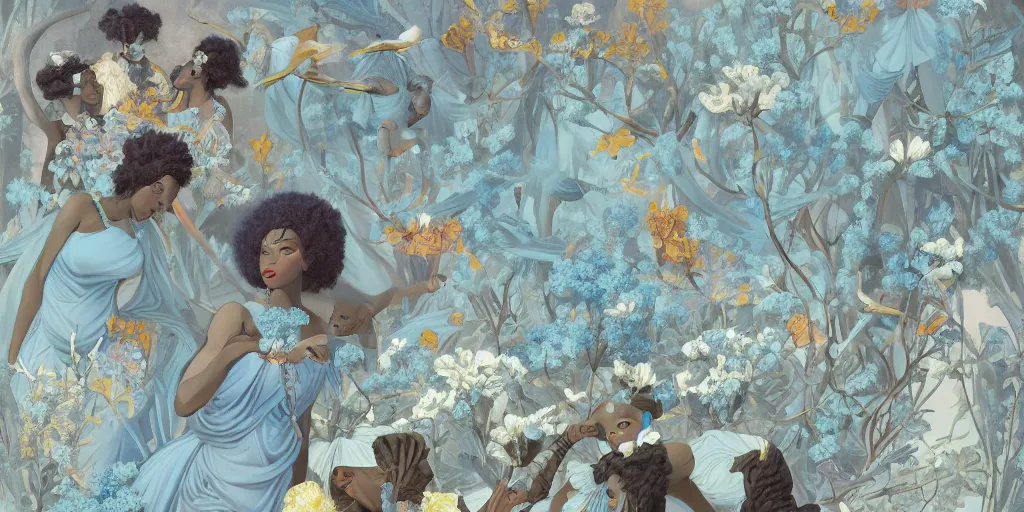 Image similar to breathtaking detailed concept art painting art deco pattern of afroamerican faces goddesses amalmation light - blue flowers with anxious piercing eyes and blend of flowers and birds, by hsiao - ron cheng and john james audubon, bizarre compositions, exquisite detail, extremely moody lighting, 8 k