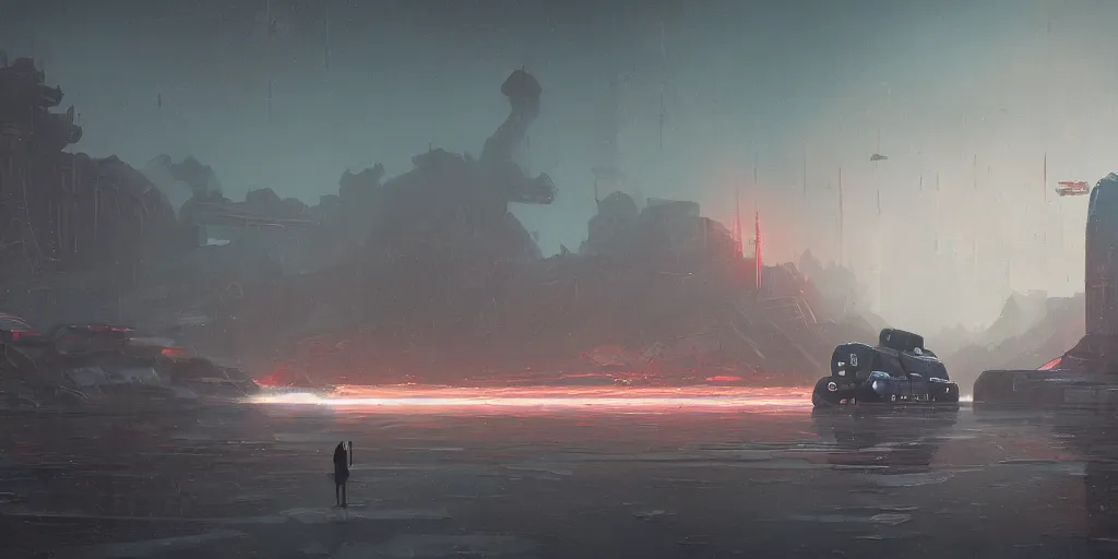 Image similar to scifi soviet cargo spaceship in heavy armor, forbidden west, liminal space around, puddles of water, by simon stalenhag, by ian pesty and alena aenami and makoto shinkai, concept art, matte painting, washed colors,