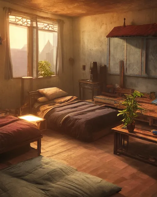 Prompt: artstation scifi scene of a shabby chinese village room in winter lounge furniture, large terrarium, beds, paneled walls, unreal engine 5, hyper realism, realistic shading, cinematic composition, blender render, octane render, hdr, detailed textures, photorealistic, wide shot