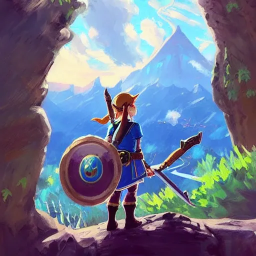 Image similar to oil painting of zelda breath of the wild, mountain in the background. beautiful, rpg, dnd, artgerm, disney, pixar