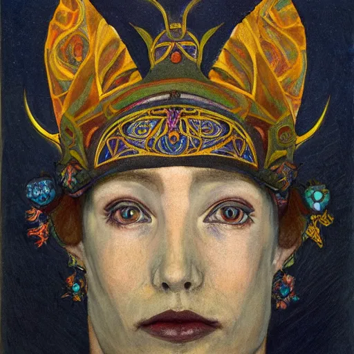 Image similar to the moth crown, by Annie Swynnerton and Nicholas Roerich, bioluminescent skin, tattoos, elaborate costume, geometric ornament, symbolist, smooth, sharp focus, extremely detailed, featured on artstation