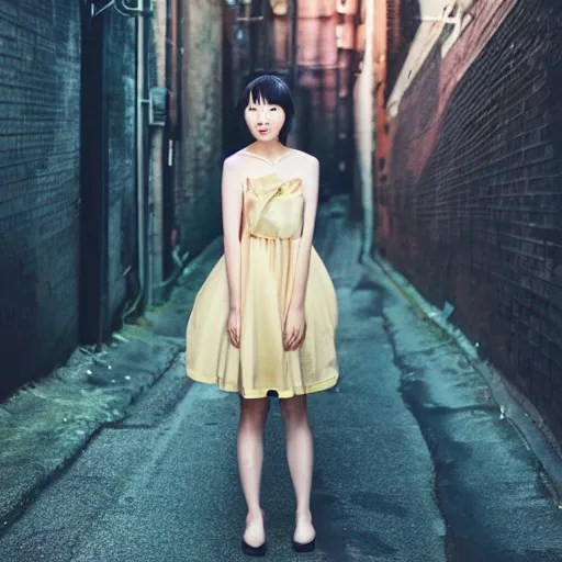 Image similar to a perfect 8K HD professional photo of japanese girl posing, wearing dress in sci-fi dystopian alleyway, at instagram, Adobe Lightroom, taken with kodak portra