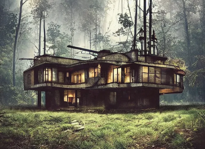 Image similar to house in a clearing in the middle of the forest, seen from afar, beautifully lit, retro science fiction vintage art, steampunk