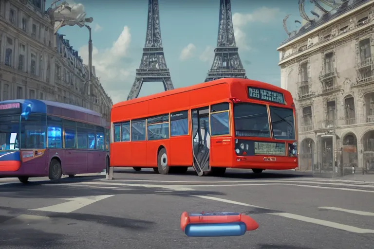 Prompt: a render of the interior of a bus, full of monkeys. outside the window, we see a giant, robotic octopus that is climbing the eiffel tower. at the sides of the roads outside, old television sets are lined up. octane render. vibrant colors. plastic, vinyl. hd. subsurface scattering. global illumination.