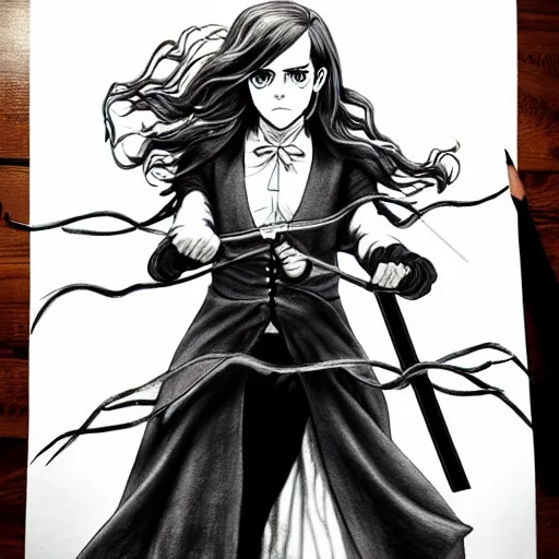 Image similar to emma watson in a demon slayer manga pencil, pencil and vine charcoal drawing, on medium grade paper, indian ink, variable lineart, grayscale, manga tones, detailed, set in hell, threatening an oompa loompa, hyper realistic, manga, beautiful