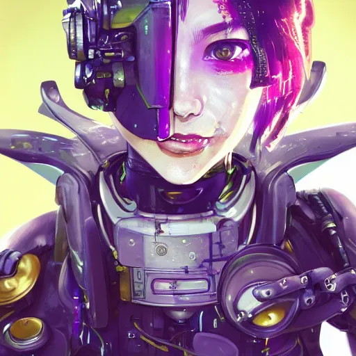 Prompt: highly detailed portrait of a post-cyberpunk robotic young lady with a wild purple hair and a visor and wired cybernetic face modifications, robotic limbs, by Akihiko Yoshida, Greg Tocchini, Greg Rutkowski, Cliff Chiang, 4k resolution, persona 5 inspired, vibrant green and gold but dreary color scheme with sparking stray wiring