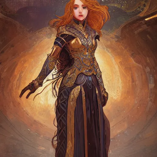 Prompt: portrait knights of Zodiac girl, golden and copper armor, in ruined Agora of Athens, ssci-fi, fantasy, intricate, very very beautiful, elegant, highly detailed, digital painting, artstation, concept art, smooth, sharp focus, illustration, art by alphonse mucha and tian zi and WLOP